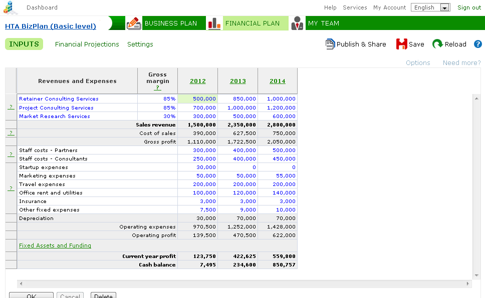 Business plan financial inputs